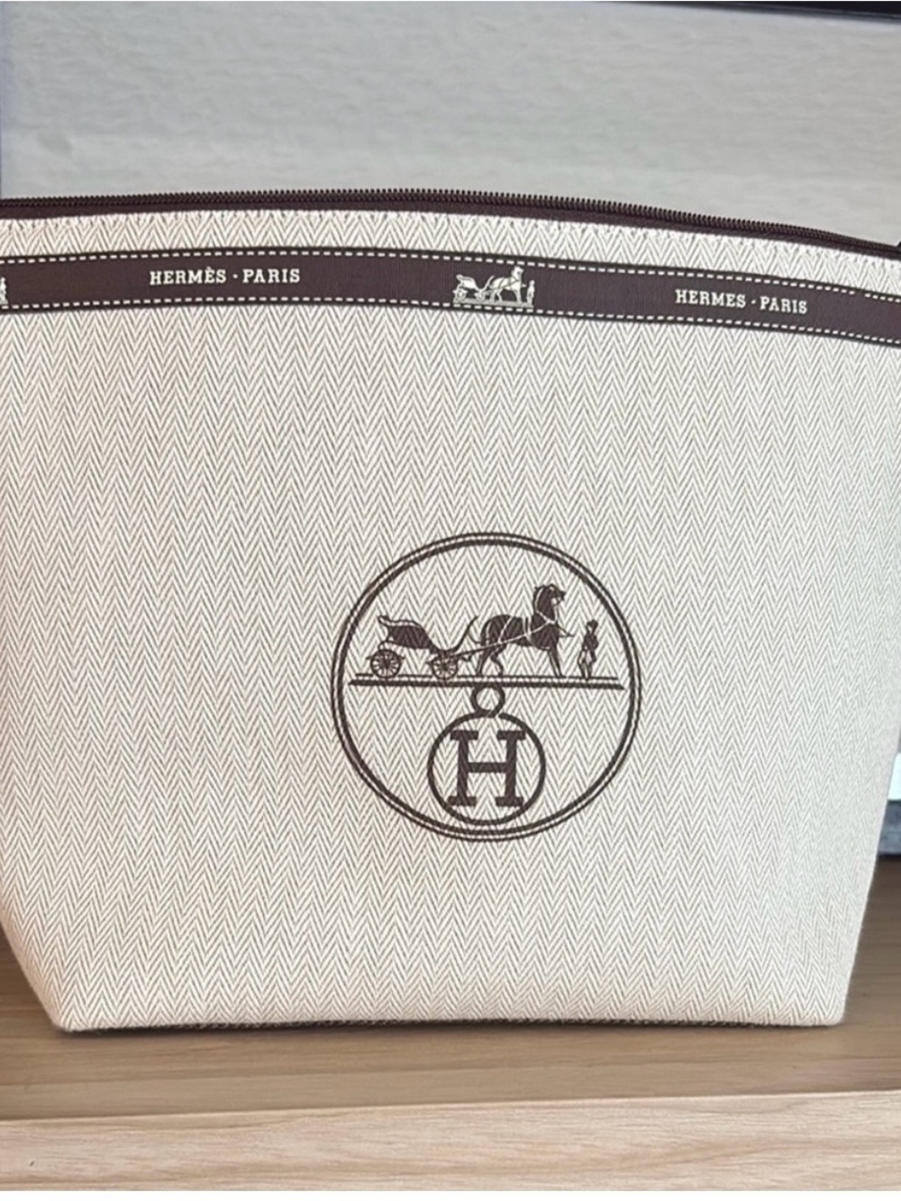Hermès Cream Canvas Toiletry Pouch with Brown Trim